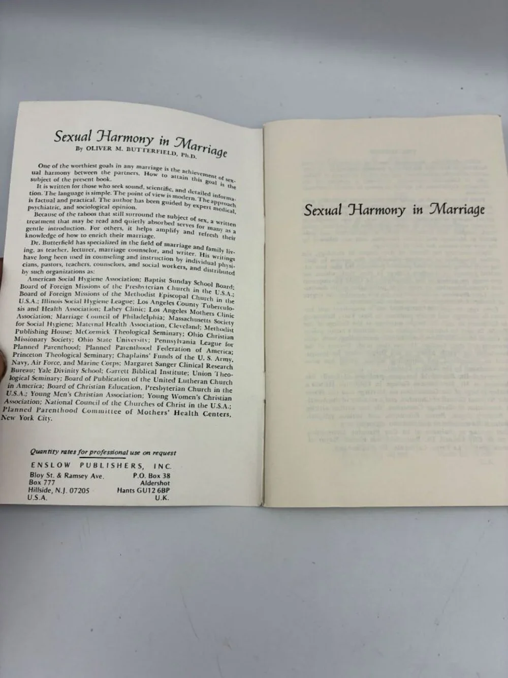 Sexual Harmony In Marriage Oliver M. Butterfield Ph.D. 1984 Paperback Self-Help